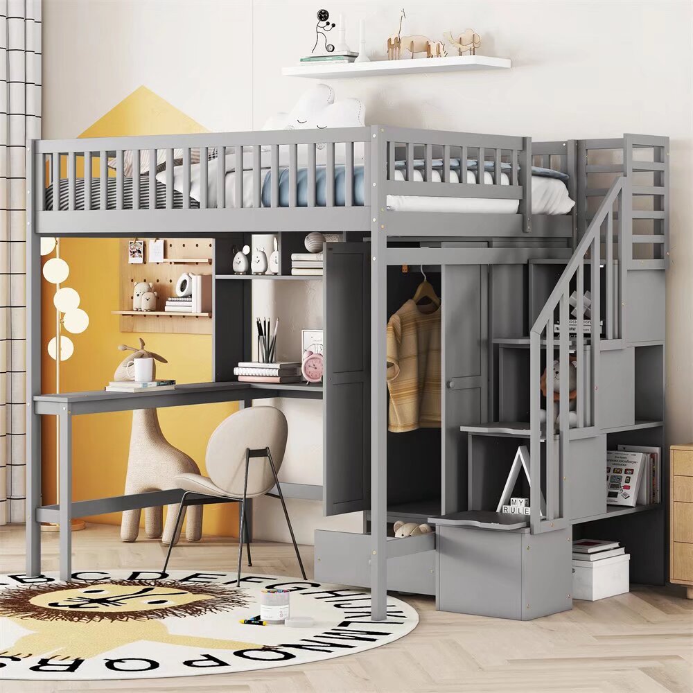 Full Size Loft Bed with Desk and Drawers, Bookshelf and Wardrobe, Wood Loft Bed Frame with Stairs and Safety Guardrail for Kids Boys Girls Bedroom, No Box Spring Required - Gray